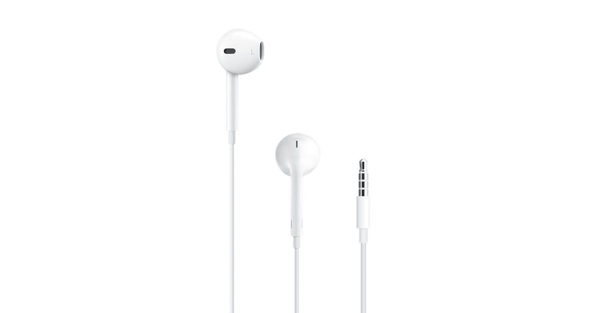 A pair of white wired earbuds on a plain background